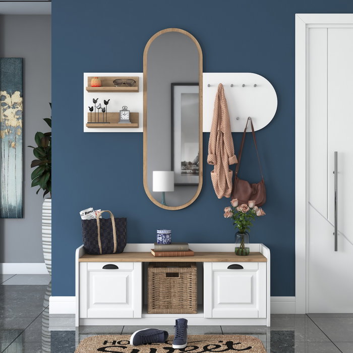 Hanah Home EE101 - 1983 Recibidor Blanco y Nogal con Almacenamiento y Espejo. Mueble de Entrada. Ancho 120cm, Alto 45cm, Profundidad 40cm. Elegante y Funcional.
